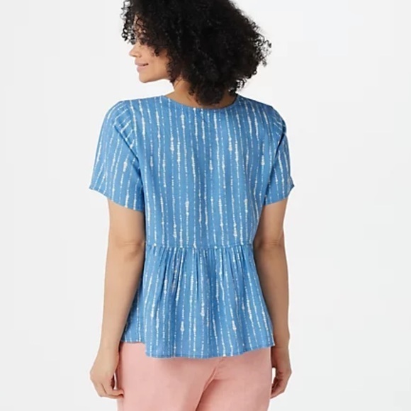 Denim & Co. Naturals Printed Linen Blend Peplum Blouse Plus Size 2X Blue/White - Picture 4 of 11